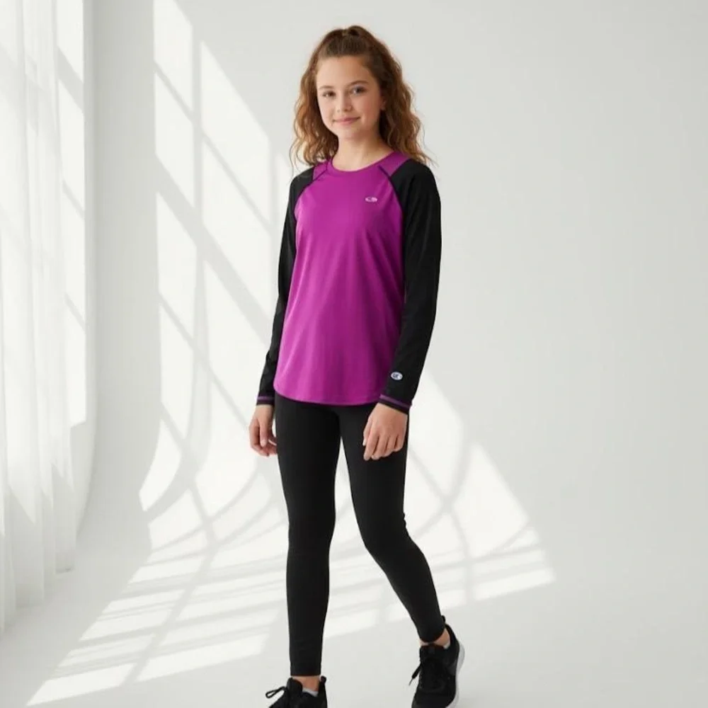 Champion Duo Dry Magenta Black Long Sleeve Athletic Workout Shirt tee L‎ 10-12